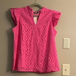 Vibrant Pink Eyelet Blouse with Ruffle Sleeves